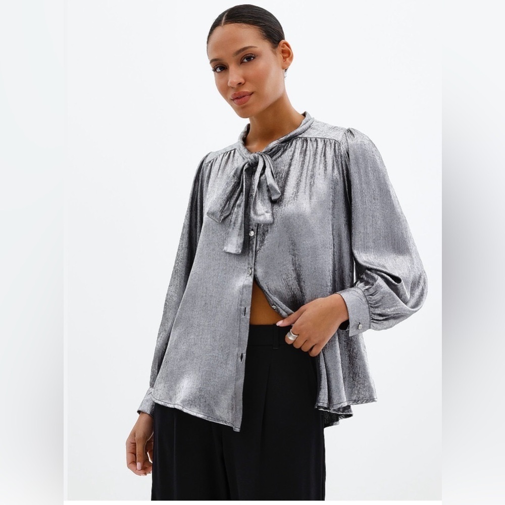 Simons Contemporaine Metallic Silver Tie-Neck Blouse Puff Sleeve M